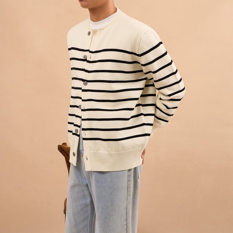 Crewneck Knitted Cardigan Contrast Color Stitching Classic Stripe Design Men'S Winter Thick Button Sweater Jacket Coat - Image 5